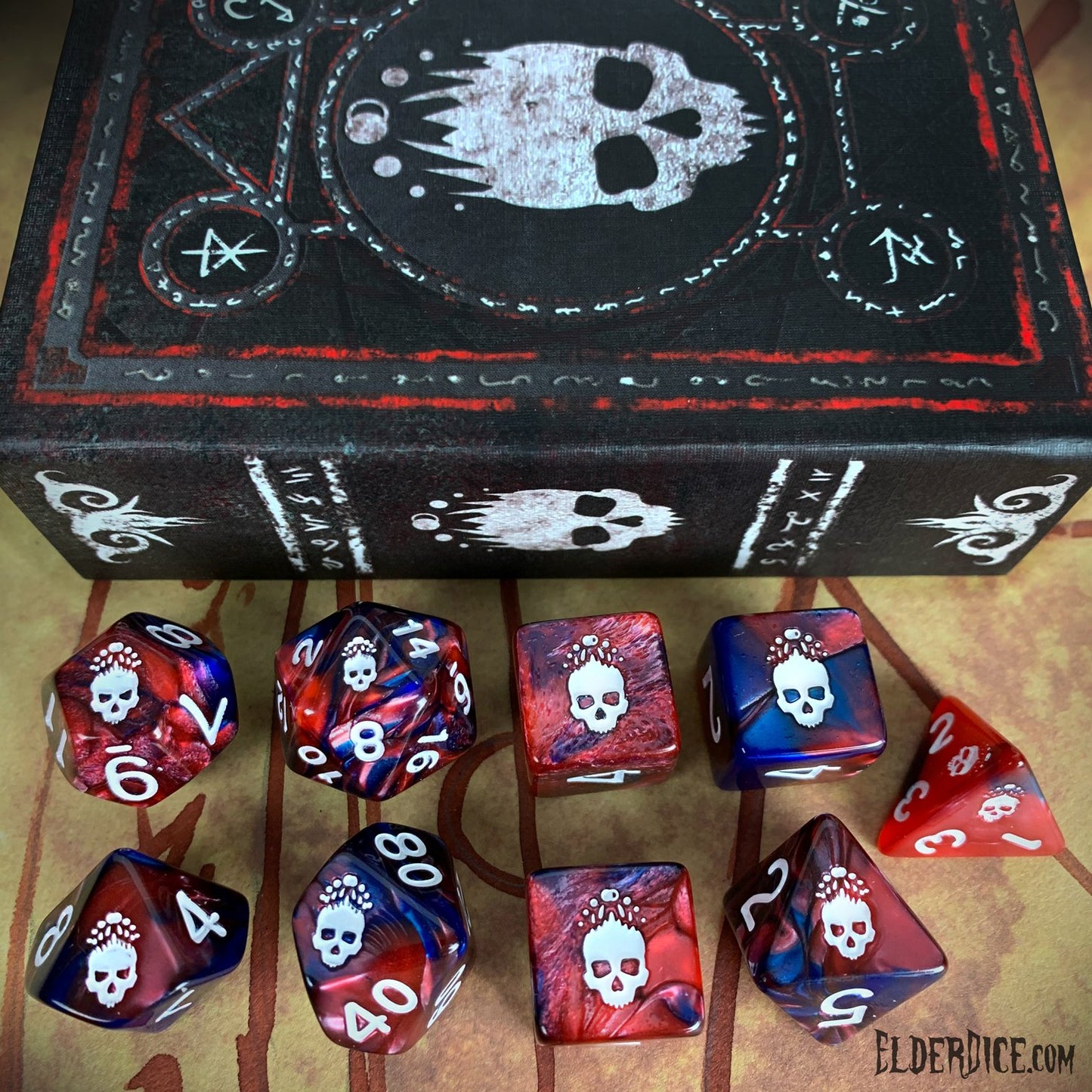 Elder Dice - Mark of the Necronomicon Dice - Bone White on Blood and Magick Polyhedral Set