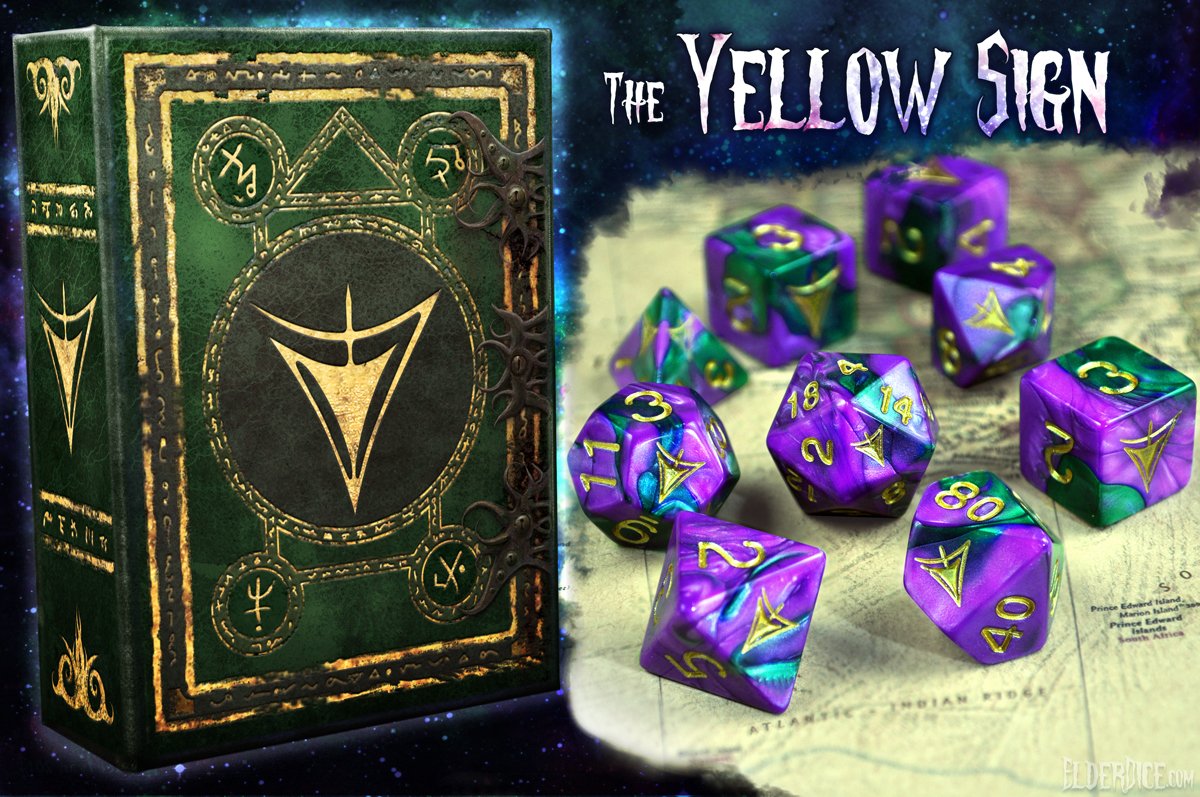 Elder Dice Yellow Sign Dice - Purple and Green Masked edition Polyhedral Set